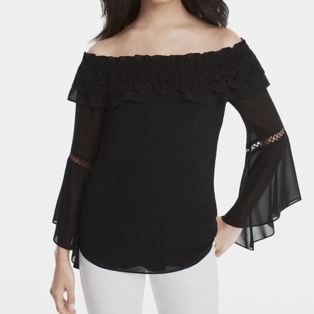 White House Black Market Women's Crochet Off The Shoulder Bell Sleeve Top XS